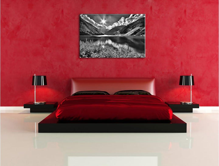 Pixxprint Blumenwiese Bergsee / 100x70cm Leinwandbild bespannt auf Holzrahmen/Wandbild Kunstdruck De