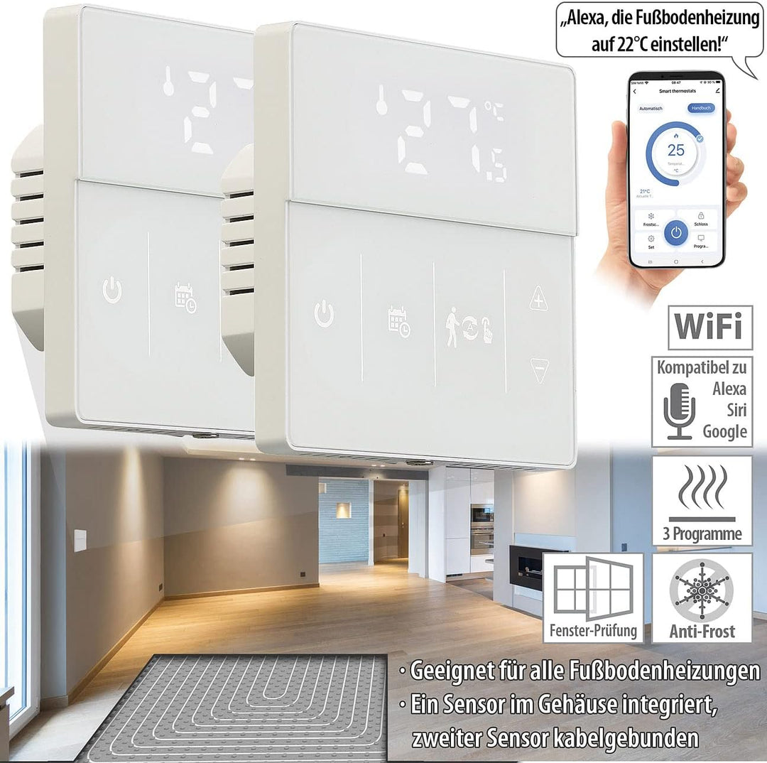 revolt Funk Thermostat WLAN: 2er-Set WLAN-Fussbodenheizung-Thermostate mit App, weiss (Raumthermosta