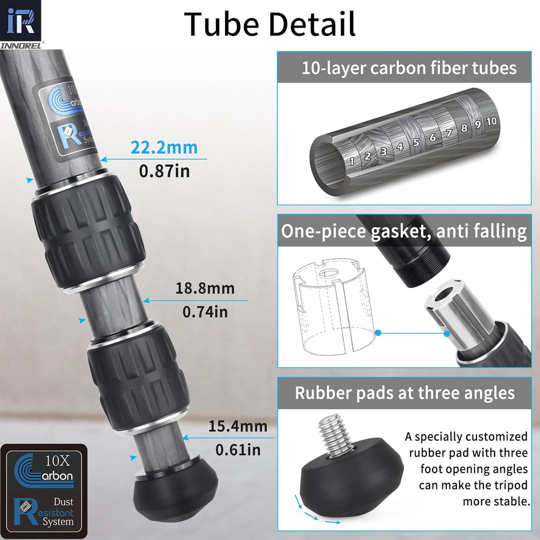 INNOREL CT223C 10-lagiges Kohlefaser-Tischstativ mit 28 mm niedrigem Profil-Kugelkopf und Mittelsäul