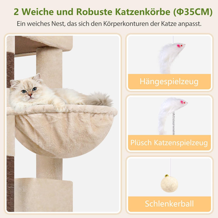 Globlazer Kratzbaum Stabil hoch 182 cm mit 2 Grosse Gepolsterte Plattformen, 2 Katzenhaus, 2 Korb, S