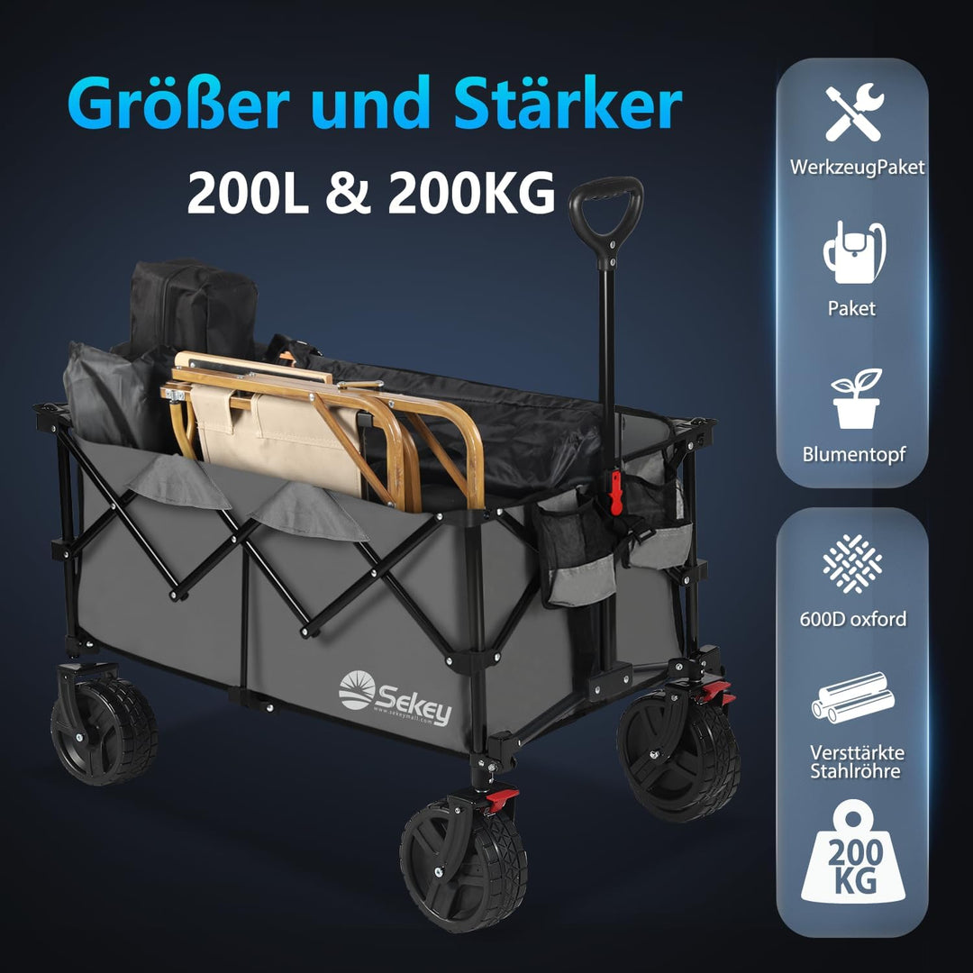 Sekey XXL Plus Bollerwagen Faltbar mit Bremsen 200L 200KG Belastbar, Extra Breite Reifen All Terrain