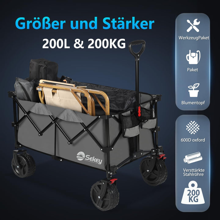 Sekey XXL Plus Bollerwagen Faltbar mit Bremsen 200L 200KG Belastbar, Extra Breite Reifen All Terrain