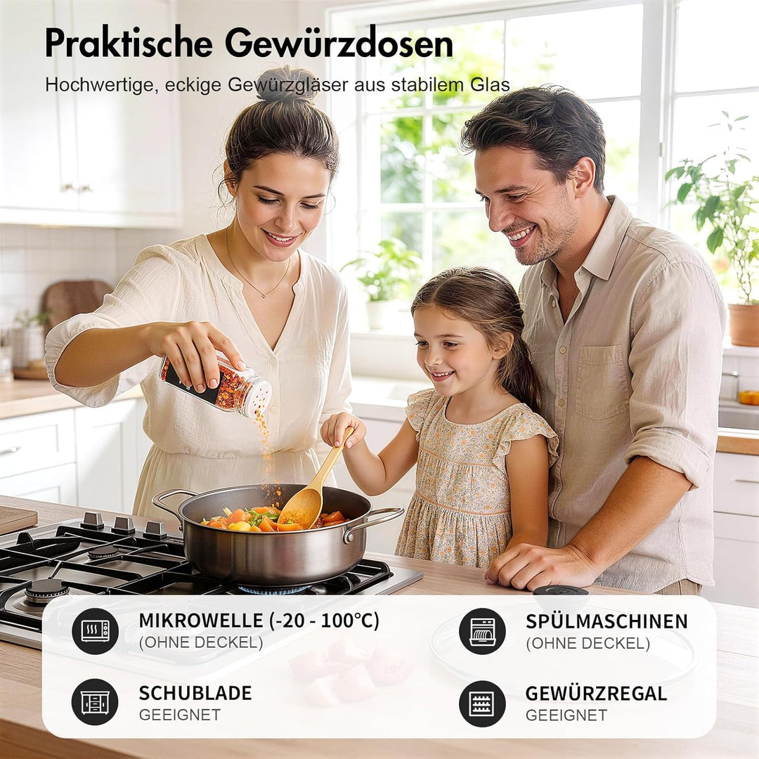 Gewürzgläser eckig mit Edelstahl Deckel Set 24er :120 ml Gewürzdosen Glas mit Etiketten & Streueinsa