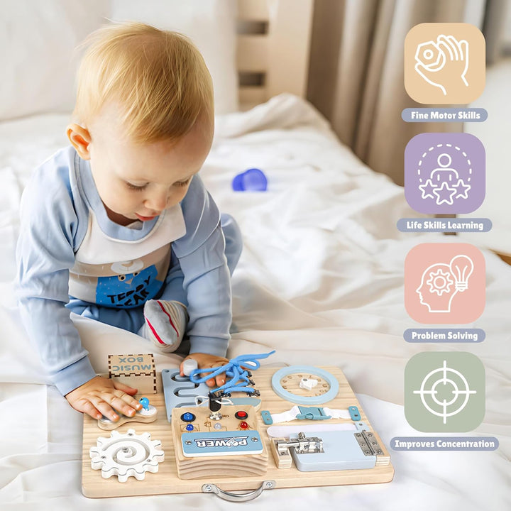 Joyreal LED Montessori Busy Board - Motorikbrett ab 18M+ Monate Activity Board Motorikboard Montesso