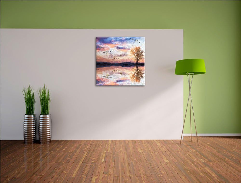 Baum in Dämmerung, Format: 70x70 auf Leinwand, XXL riesige Bilder fertig gerahmt mit Keilrahmen, Kun