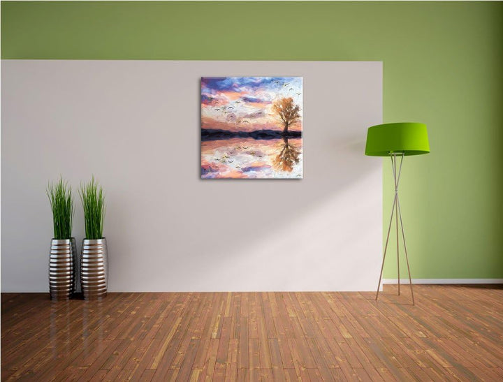 Baum in Dämmerung, Format: 70x70 auf Leinwand, XXL riesige Bilder fertig gerahmt mit Keilrahmen, Kun
