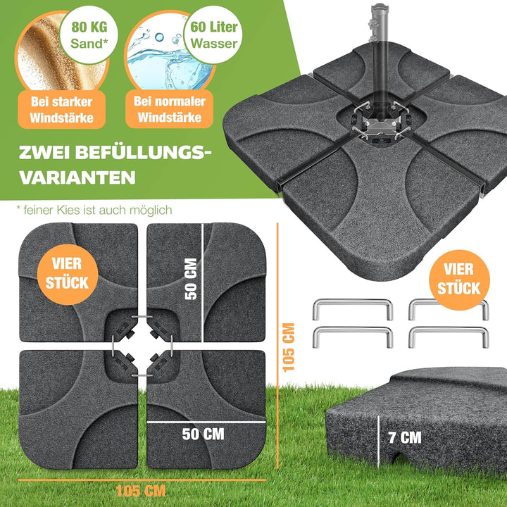 KESSER® Sonnenschirmständer 4-teilig Schirmgewicht Schirmständer für Ampelschirm Bodenkreuz 60 Liter