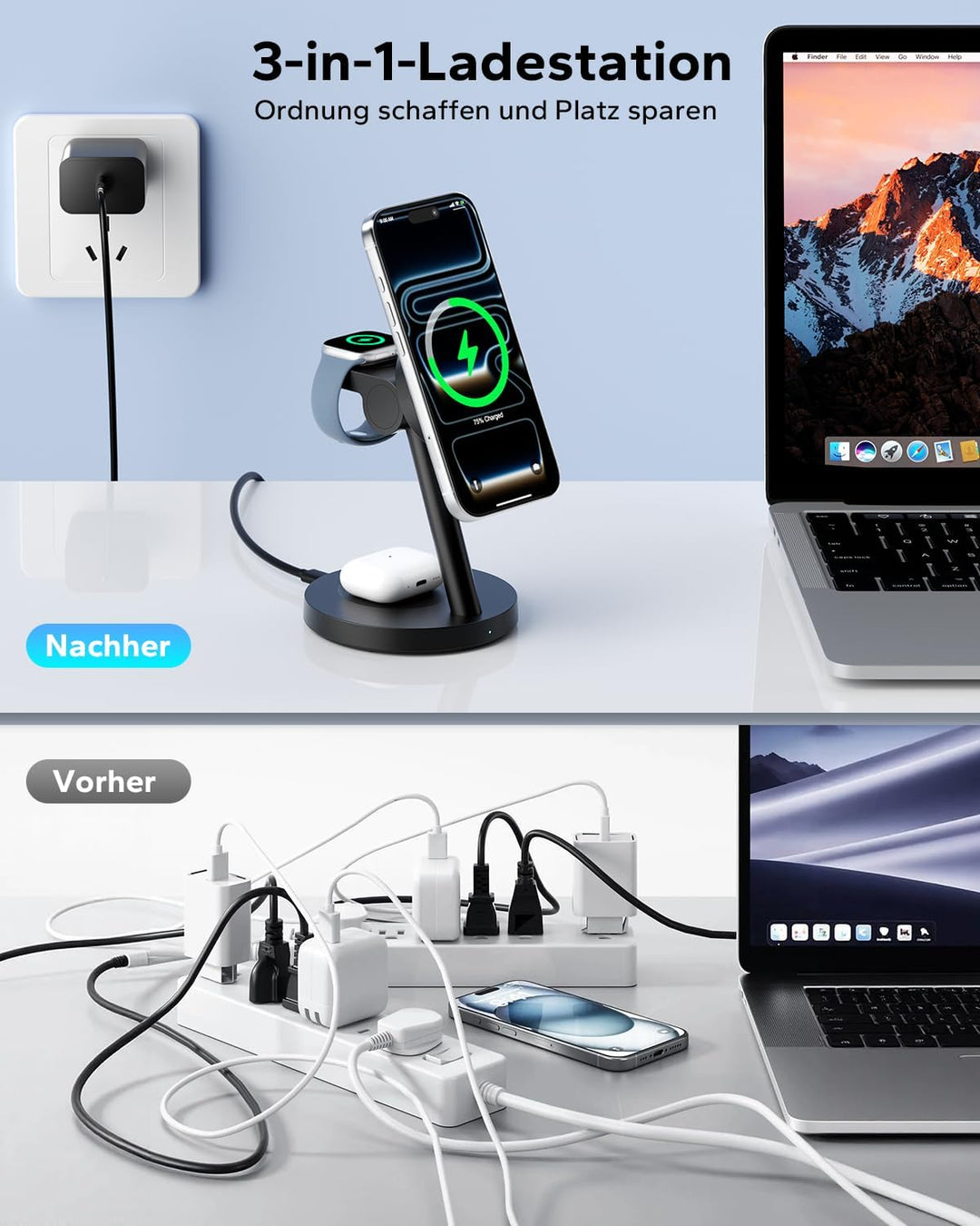KPON 3 IN 1 Magsafe Ladestation für Apple Watch und iPone, Induktive iPhone Ladestation Magsafe Lade