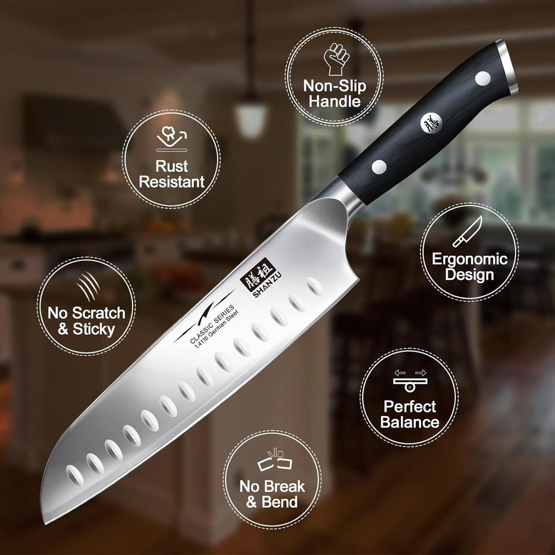 SHAN ZU Kochmesser Küchenmesser, Chefmesser Santoku Deutscher Carbon Edelstahl Scharfe Messerklinge