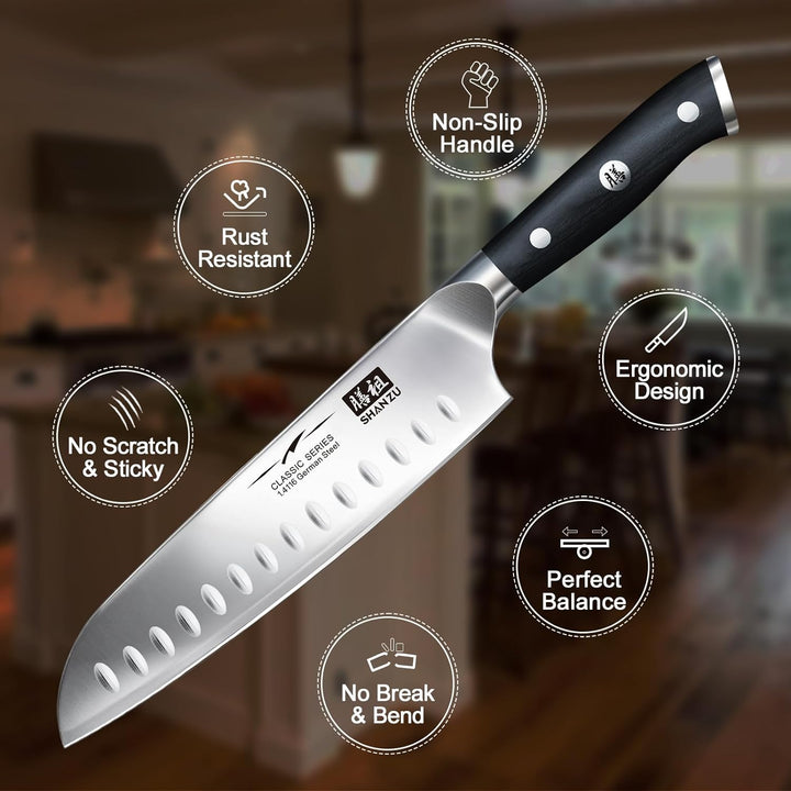 SHAN ZU Kochmesser Küchenmesser, Chefmesser Santoku Deutscher Carbon Edelstahl Scharfe Messerklinge