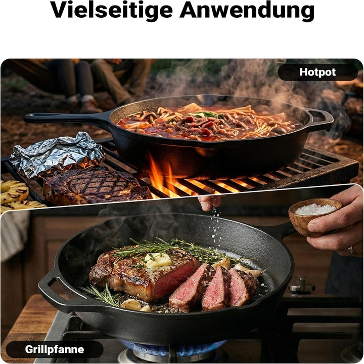 Wiltec Bratpfanne aus Gusseisen Ø30cm, Feuerpfanne mit Griff und Ausgiesser, Grillpfanne Ø 300 x 55