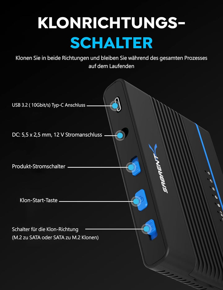 SABRENT M.2 SSD & HDD Festplattengehäuse, 2,5" 3.5" SATA & M2 NVMe Adapter, USB C 10Gbps mit Offline