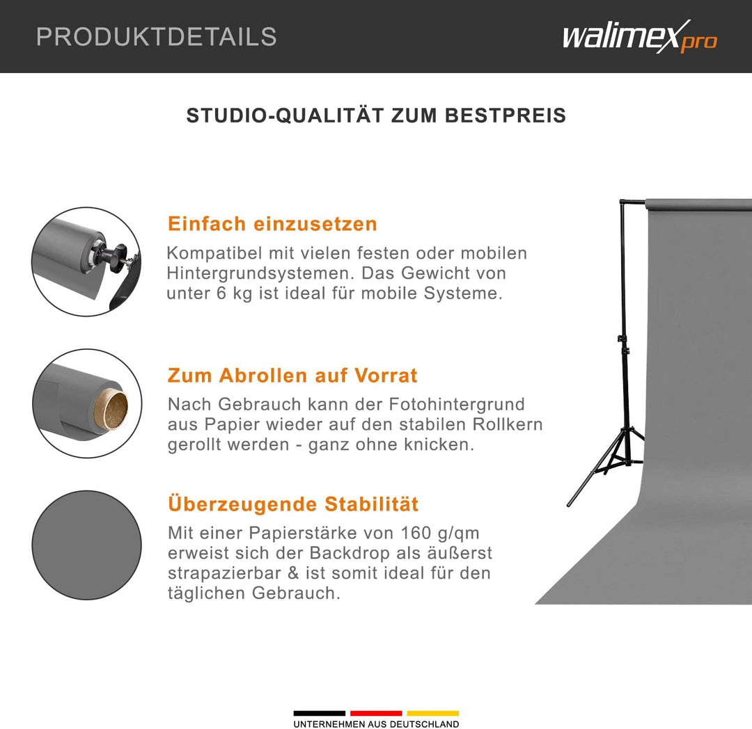 Walimex pro Papierhintergrund grau 1,35m x 10m, Nahtloser Hintergrundkarton, ideal für Fotografie, V