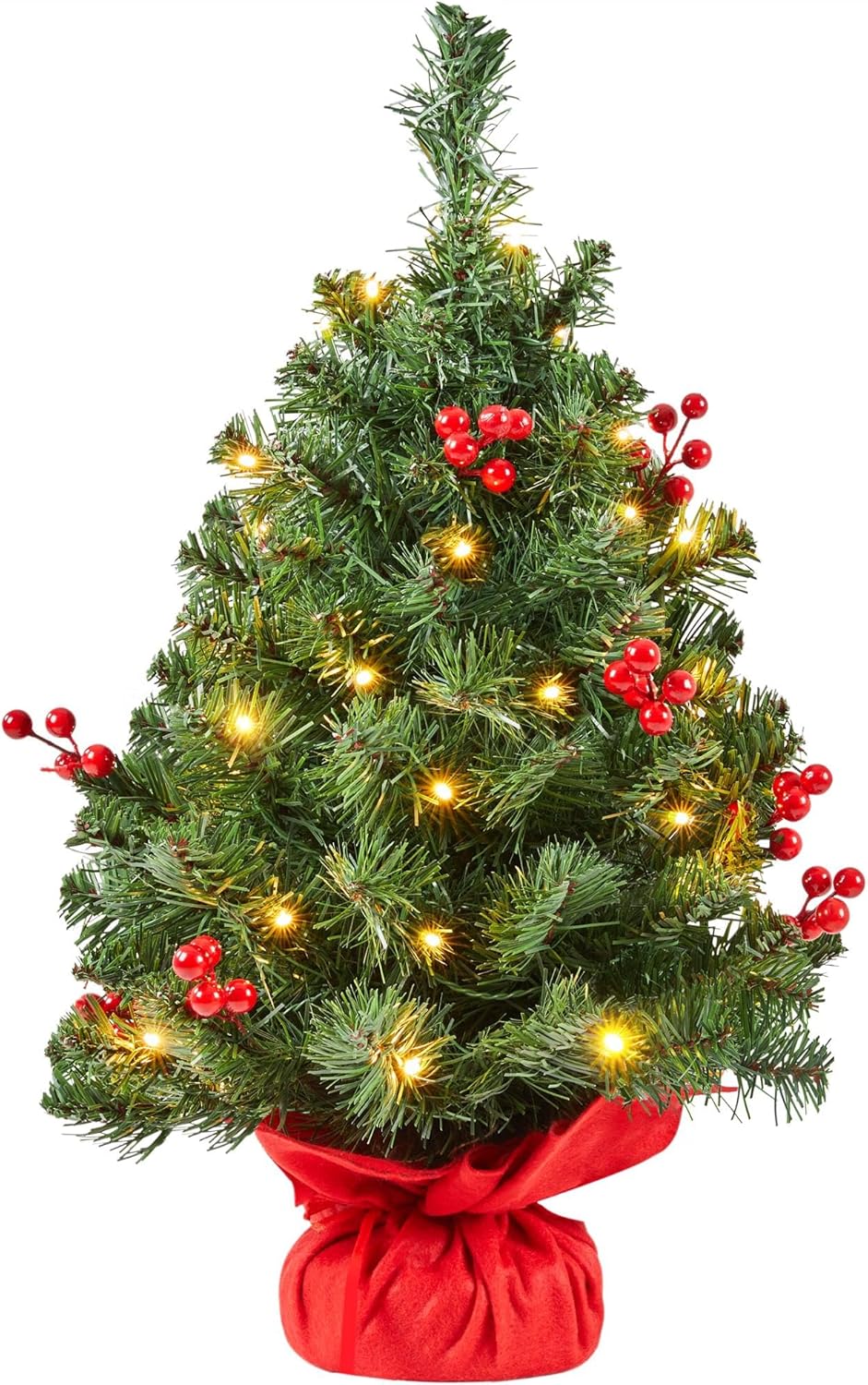 Yaheetech 50cm Mini Künstlicher Weihnachtsbaum mit 35 Warmweiss LED Beleuchtung & 40 Roten Beeren Kl