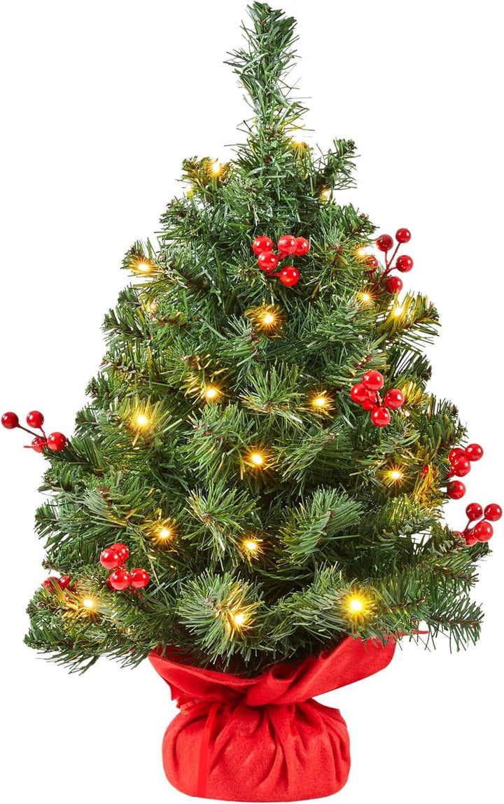 Yaheetech 50cm Mini Künstlicher Weihnachtsbaum mit 35 Warmweiss LED Beleuchtung & 40 Roten Beeren Kl