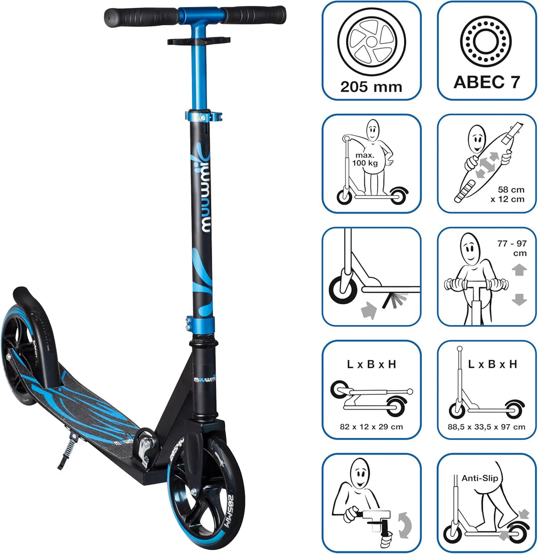 muuwmi Aluminium Scooter – Tretroller, 205 mm, ABEC 7, für Kinder und Erwachsene, GS geprüft, höhenv