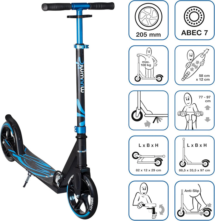 muuwmi Aluminium Scooter – Tretroller, 205 mm, ABEC 7, für Kinder und Erwachsene, GS geprüft, höhenv