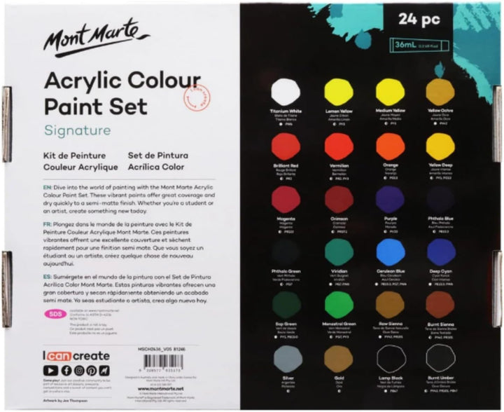 Mont Marte Acrylfarben Set Premium – 24 Stück, 36ml Tuben – Ideal für Acrylmalerei – Brillante Licht