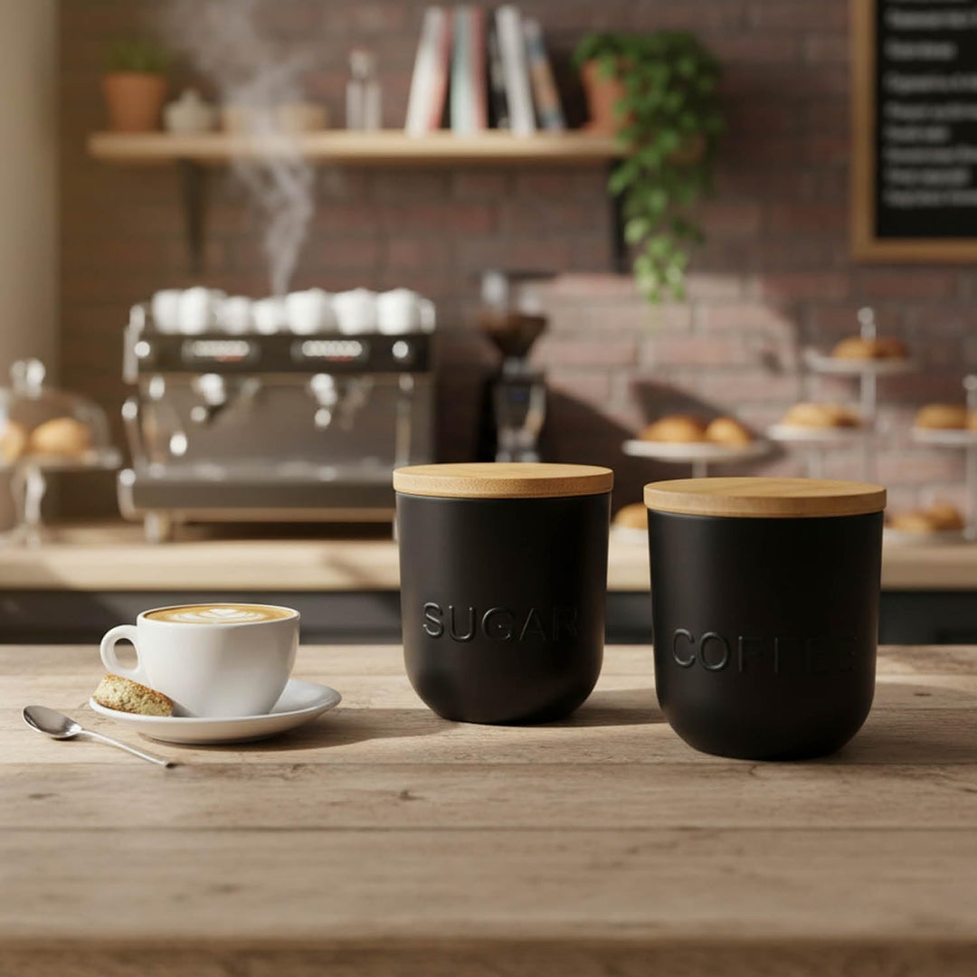 com-four® 3er Vorratsdosen Set mit Bambusdeckel, Kaffee, Tee und Zucker | runde Vorratsbehälter je 1