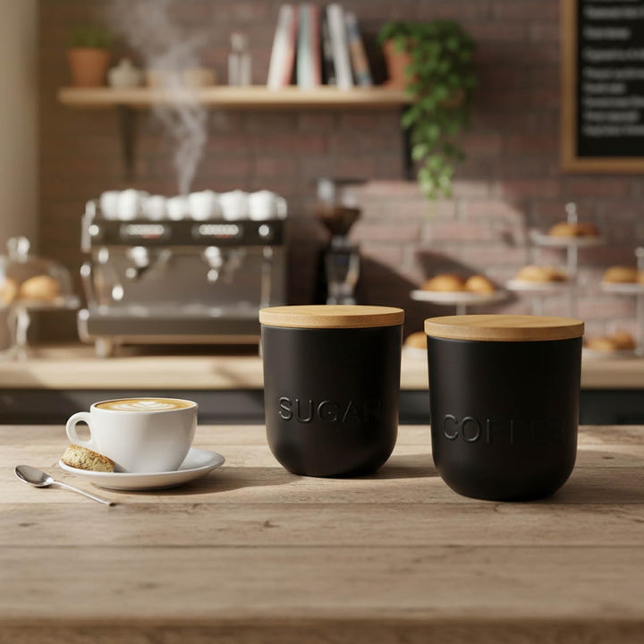 com-four® 3er Vorratsdosen Set mit Bambusdeckel, Kaffee, Tee und Zucker | runde Vorratsbehälter je 1