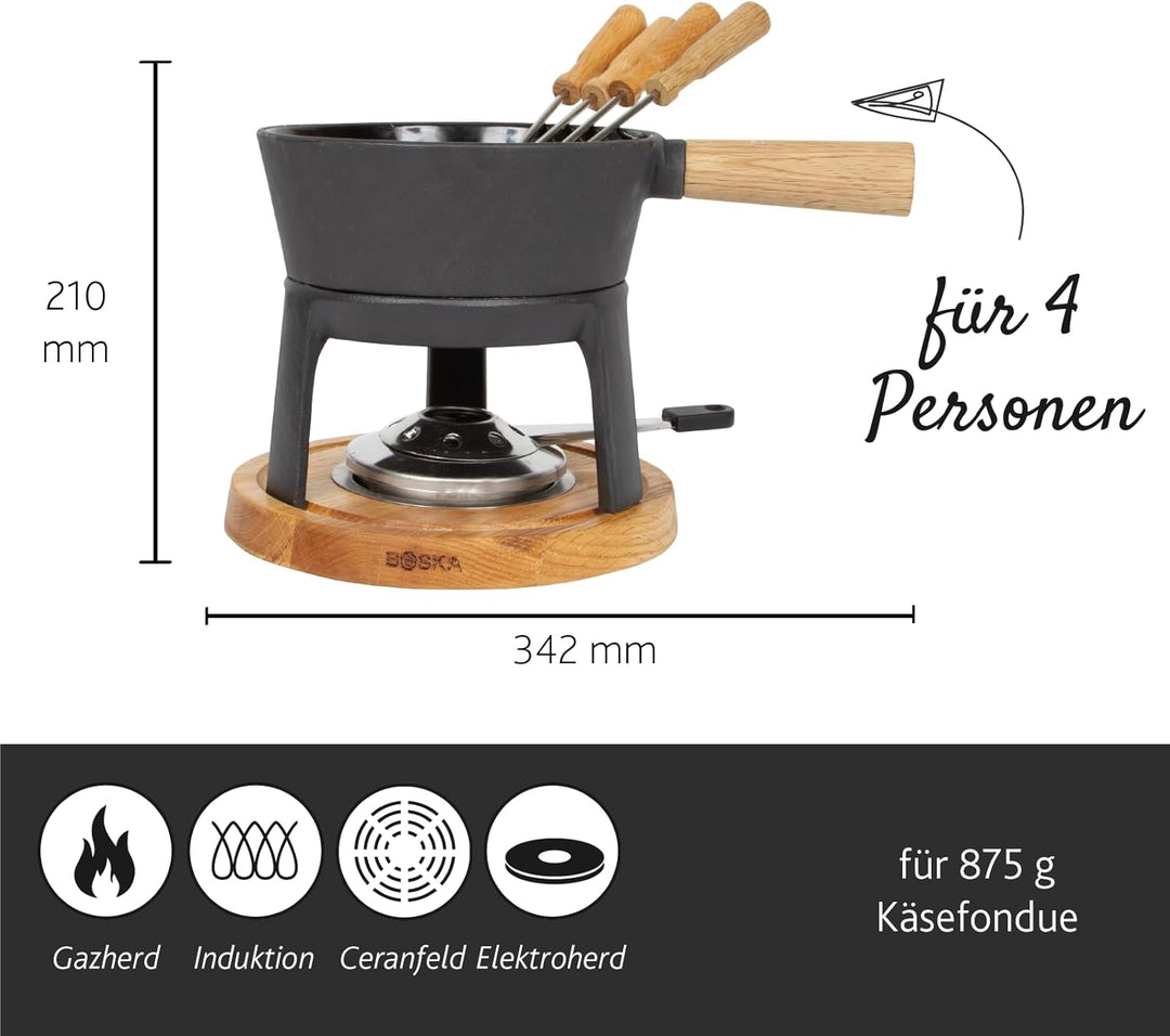 Boska Fondue-Set Pro, für 1 Liter Fonduekäse, 310x212x170 mm Schwarzes Gusseisen mit Holzsockel, Sch