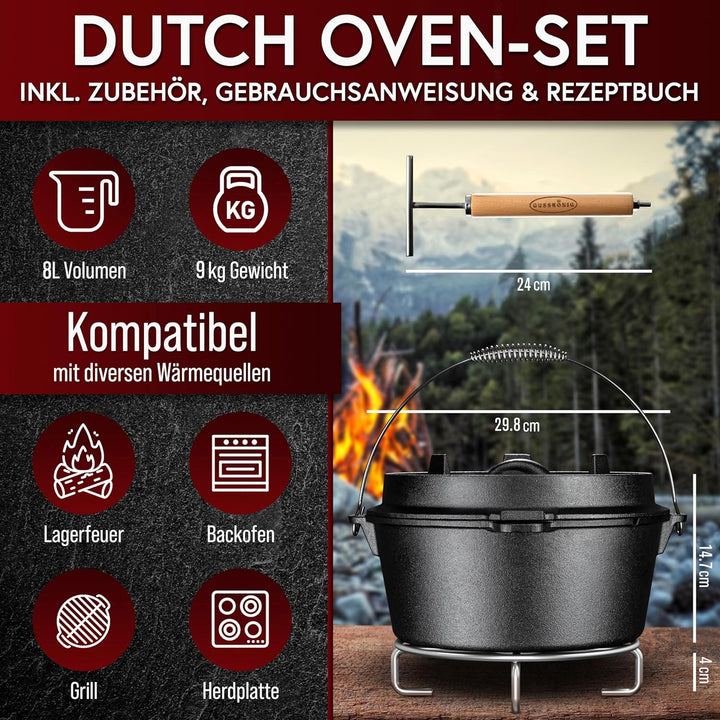 GUSSKÖNIG Dutch Oven Set - Eingebrannter Dutch Oven 8 Liter - Feuertopf aus Gusseisen ohne Füssen -