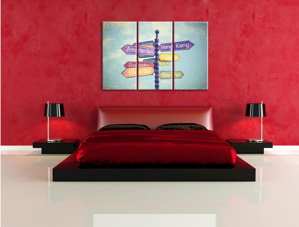 Pixxprint Städte Wegweiser als Leinwandbild/Grösse: 3 Teilig (120x80) cm/Wandbild/Kunstdruck/fertig