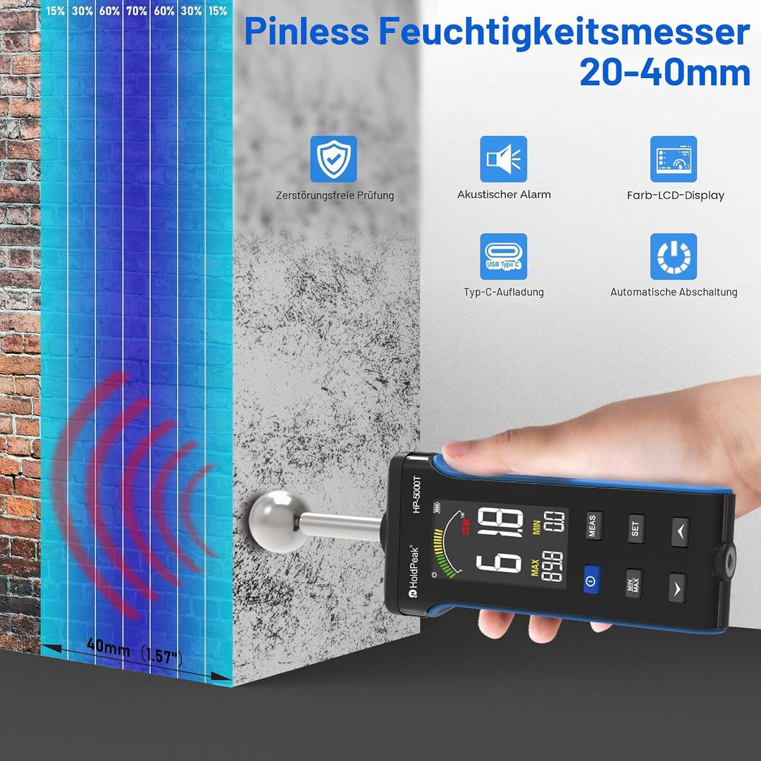 Feuchtigkeitsmesser, mit LCD-Farbdisplay und Alarmfunktion, für Wände, Holz, Mauerwerk, Beton, Gipse