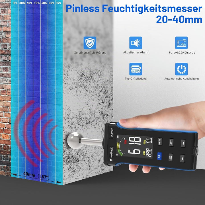 Feuchtigkeitsmesser, mit LCD-Farbdisplay und Alarmfunktion, für Wände, Holz, Mauerwerk, Beton, Gipse