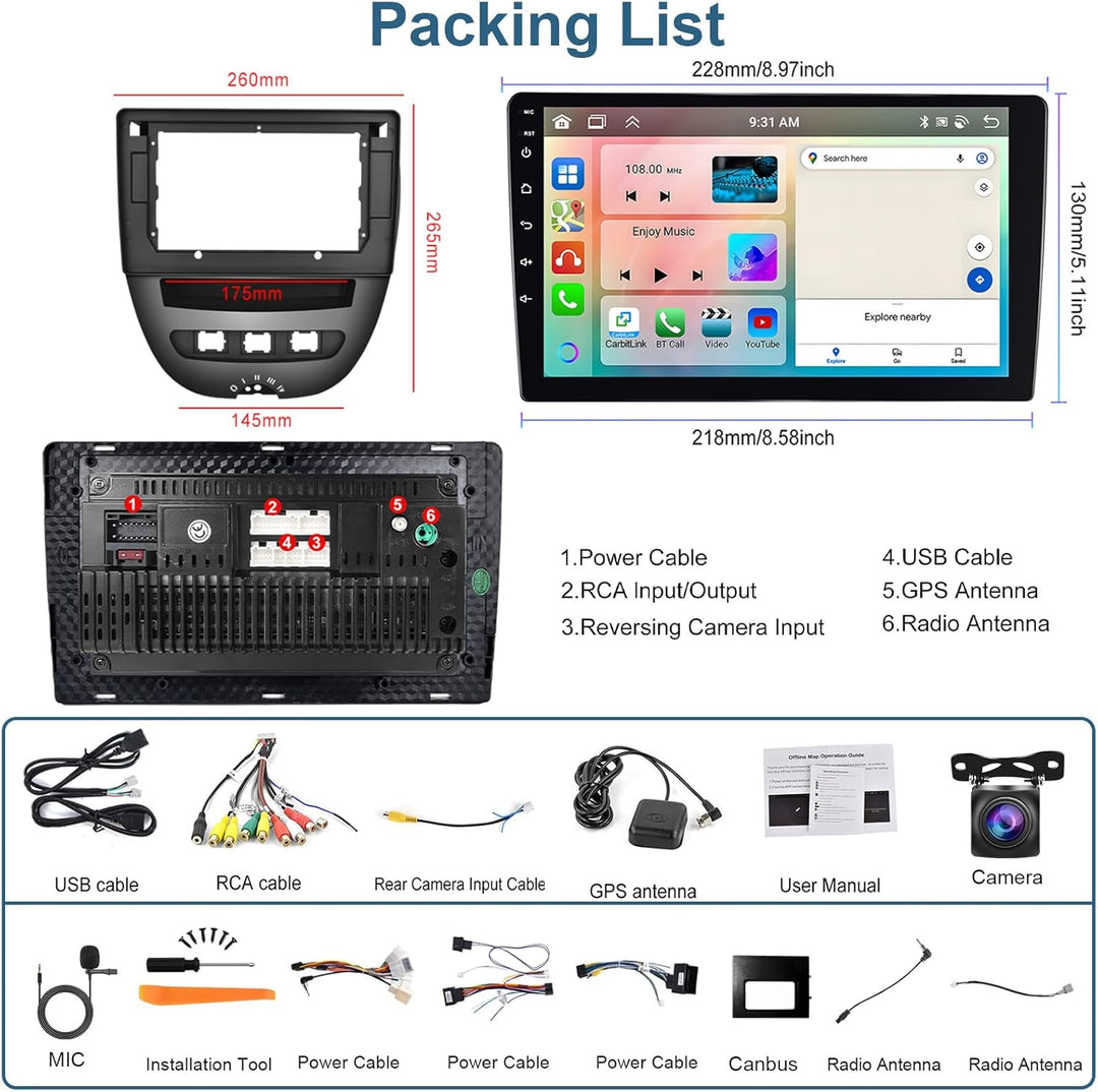 Podofo 10,1 Zoll Autoradio für Peugeot 107/Citroen C1/Toyota Aygo, kabelloses Carplay, Android Auto,