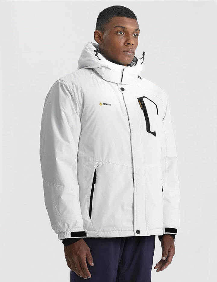 GEMYSE Herren Wasserdichte Berg-Skijacke Winddichte Fleece Outdoor-Winterjacke mit Kapuze L Weiss 01