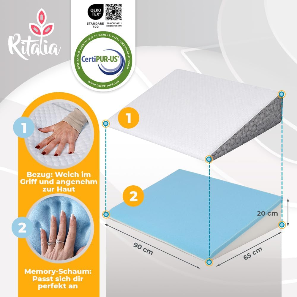 Ritalia® REFLUXKISSEN Erwachsene 90x65x20 cm zur MATRATZENERHÖHUNG mit Gel-Schaum | LESEKISSEN Bett
