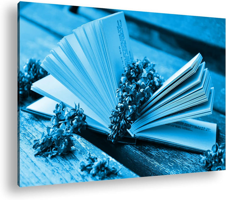 deyoli Aufgeschlagenes Buch mit Fliederzweigen Format 100x70 Effekt: Monocrome Blau als Leinwandbild