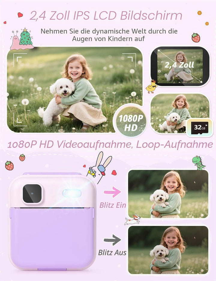 YOHOOLYO Sofortbildkamera Kinder 2,4 Zoll 1080P HD Kinderkamera mit 3 Rollen Druckpapier 32GB Karte