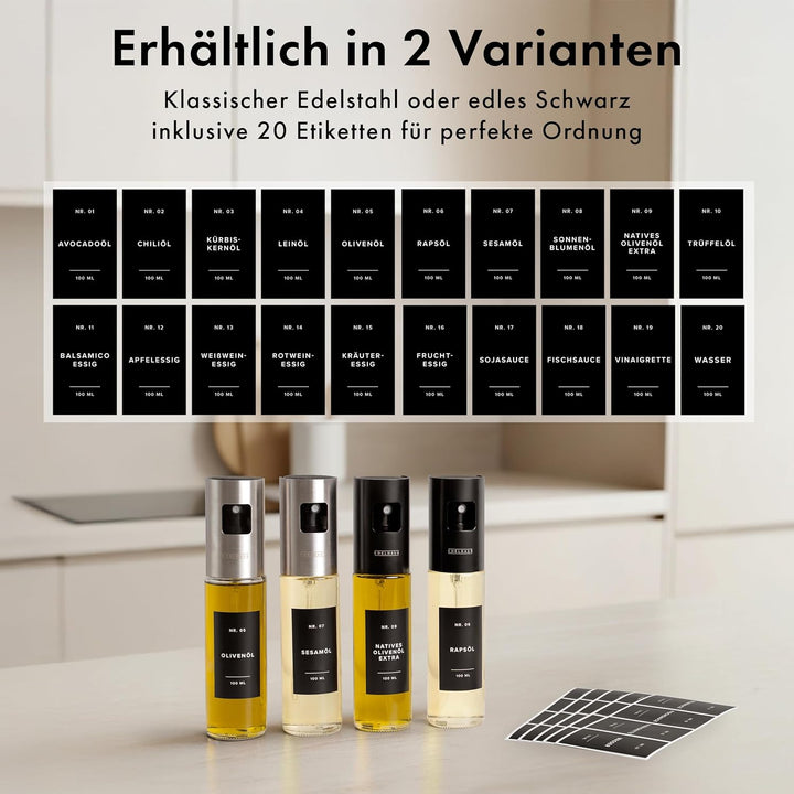 Ölsprüher 2er Set - Hochwertige Öl-Sprühflasche aus Edelstahl & Glas, für gesundes Kochen I Sprüher