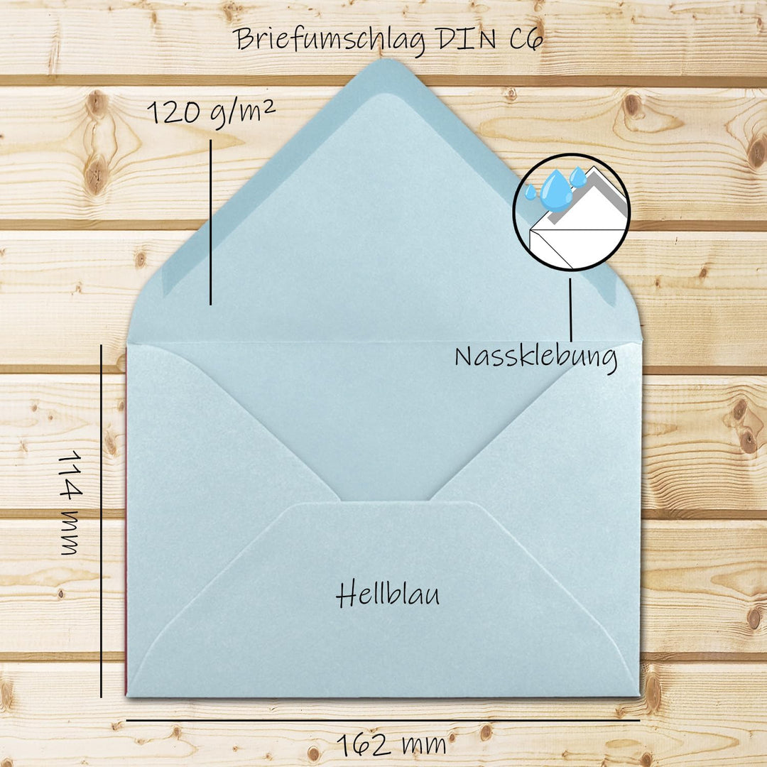 200 Brief-Umschläge - Hell-Blau - DIN C6-114 x 162 mm - Kuverts mit Nassklebung ohne Fenster für Gru