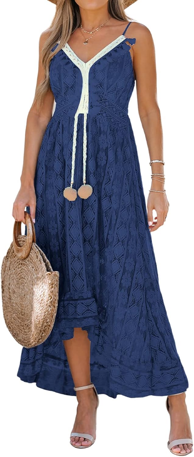 CUPSHE Damen Sommerkleid V Ausschnitt Floral Spitze Quasten Spaghetti Trägerkleid Freizeitkleider Hi