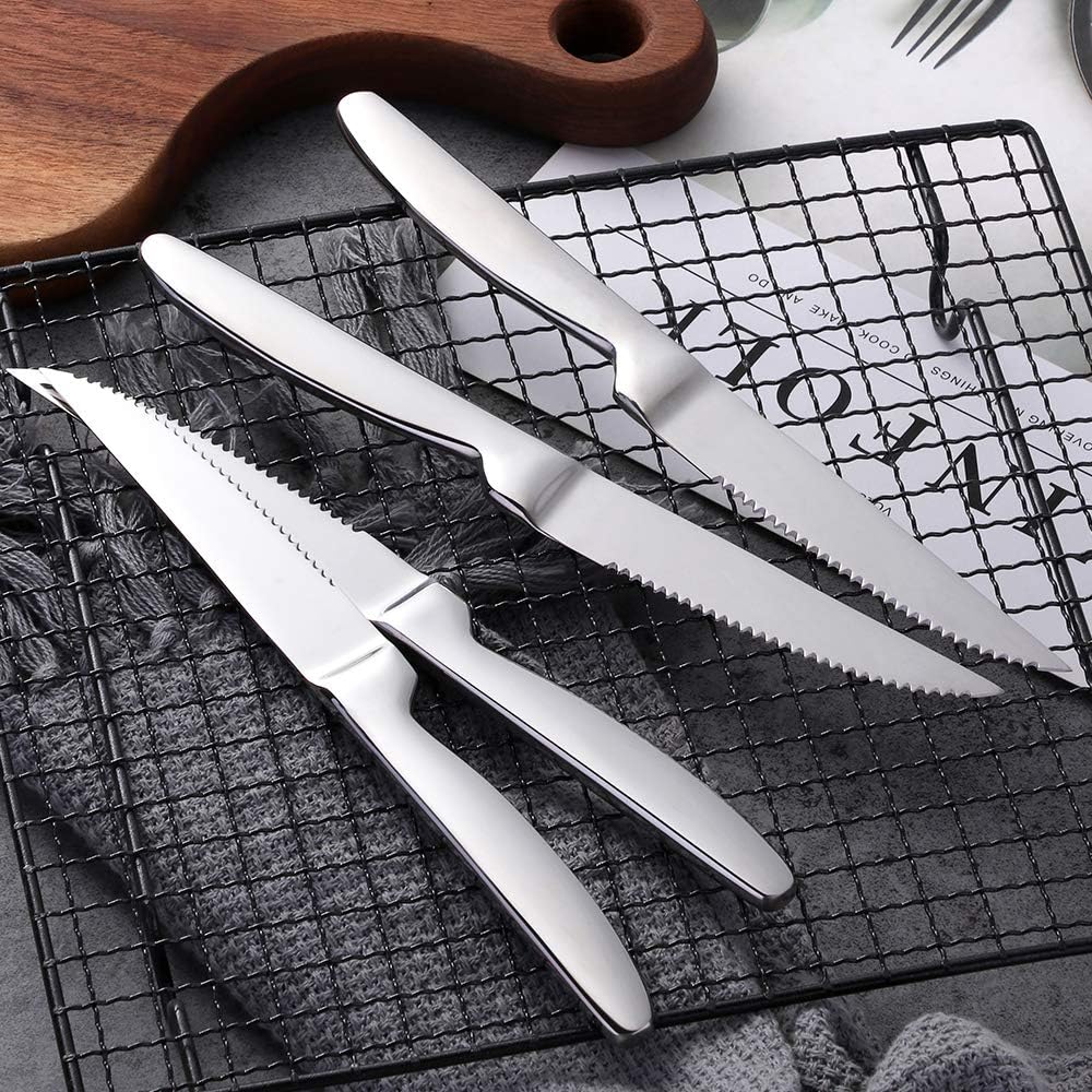 BISDARUN Steakmesser Set mit scharfem Wellenschliff Edelstahl 6-teilig Tafelmesser Silber Fleischmes