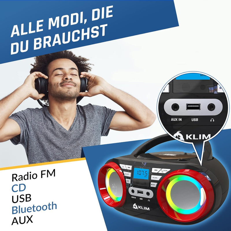 KLIM B3 Tragbarer CD Player - NEU 2024 - FM Radio, CD, MP3, Bluetooth, AUX, USB, RGB LED - CD Boombo