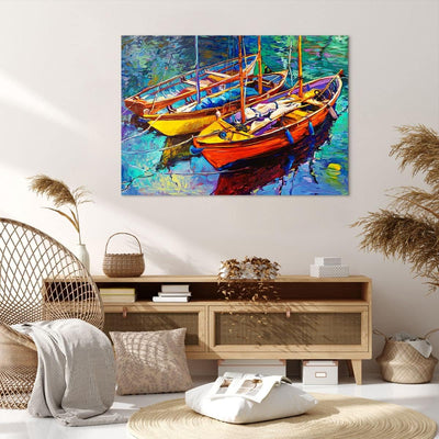 Bilder auf Leinwand 100x70cm Leinwandbild Boote Bunt Angeln Wasser Gross Wanddeko Bild Schlafzimmer