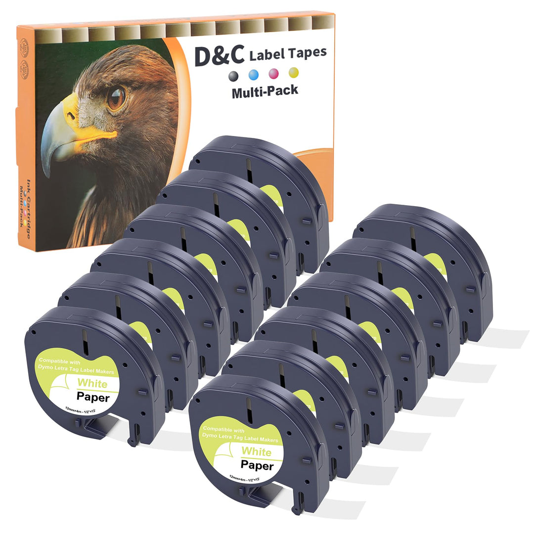 D&amp;C 12x 91220 Etikettenband für Dymo LetraTag 12mm x 4m，Schwarzer Druck auf weissem Etikettierpapier