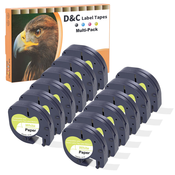 D&amp;C 12x 91220 Etikettenband für Dymo LetraTag 12mm x 4m，Schwarzer Druck auf weissem Etikettierpapier