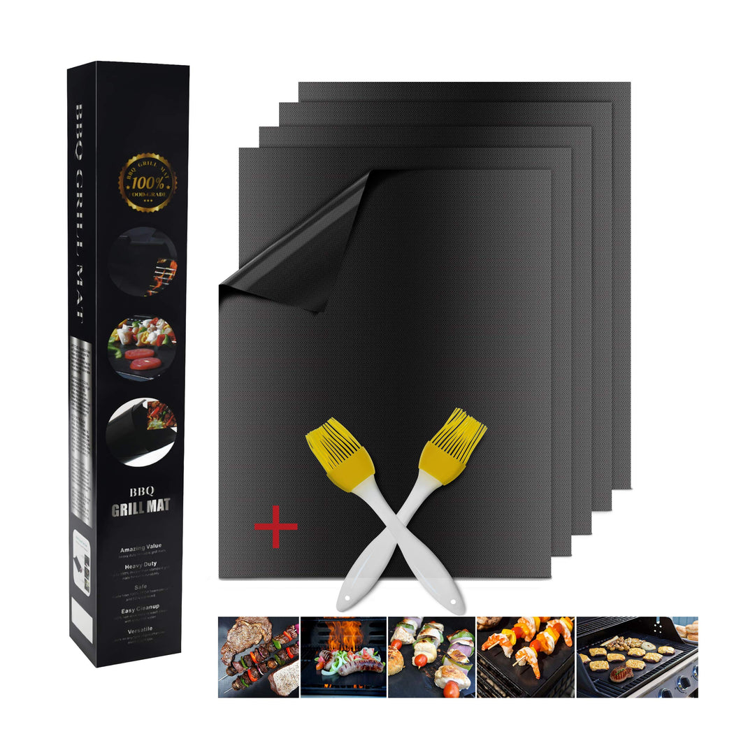 BBQ Grillmatte Set von 5er Set + 2 Grill Bürste Antihaftbeschichtung für bis 600 Grad 100% nicht Sti