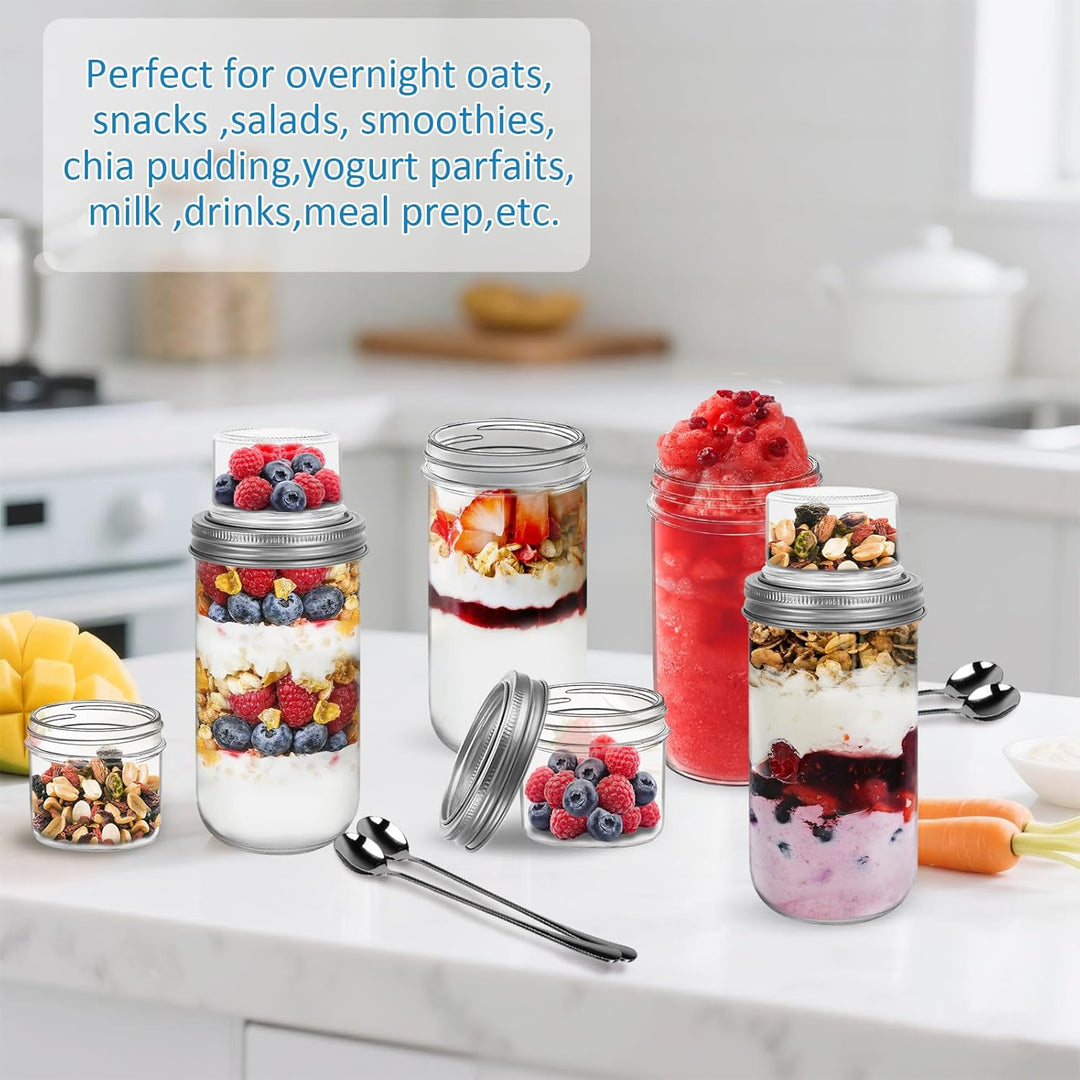 4er Overnight Oats Gläser, 600ml+100ml Doppelschicht Joghurtbecher mit Edelstahlöffel & Trocken-Nass