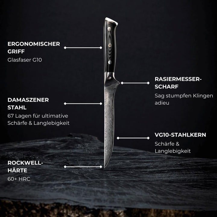 Damaso Filetiermesser, Filetiermesser Fisch aus 67 Lagen Damaststahl, Ausbeinmesser, Filetiermesser