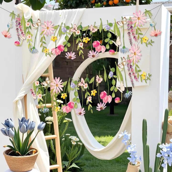 Easy Joy Blumengirlande,Papierblumen Deko,Pastell Gänseblümchen Banner mit Schmetterling,Zimmer Deko
