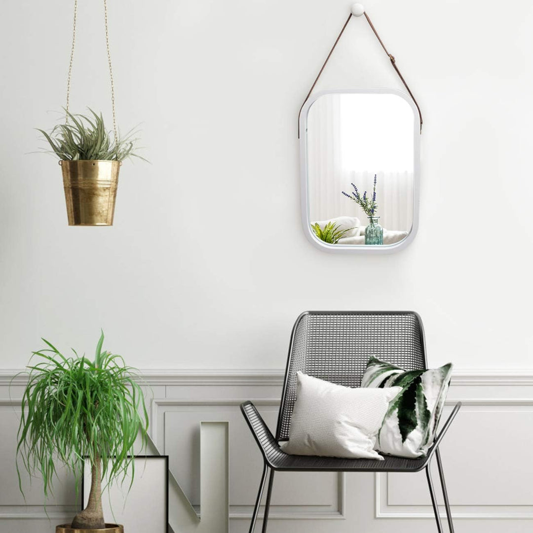 ZRI Bamboo Wandspiegel Flur Spiegel Badspiegel mit Verstellbarer Lederband Rechteckig (Weiss, 40.5 x