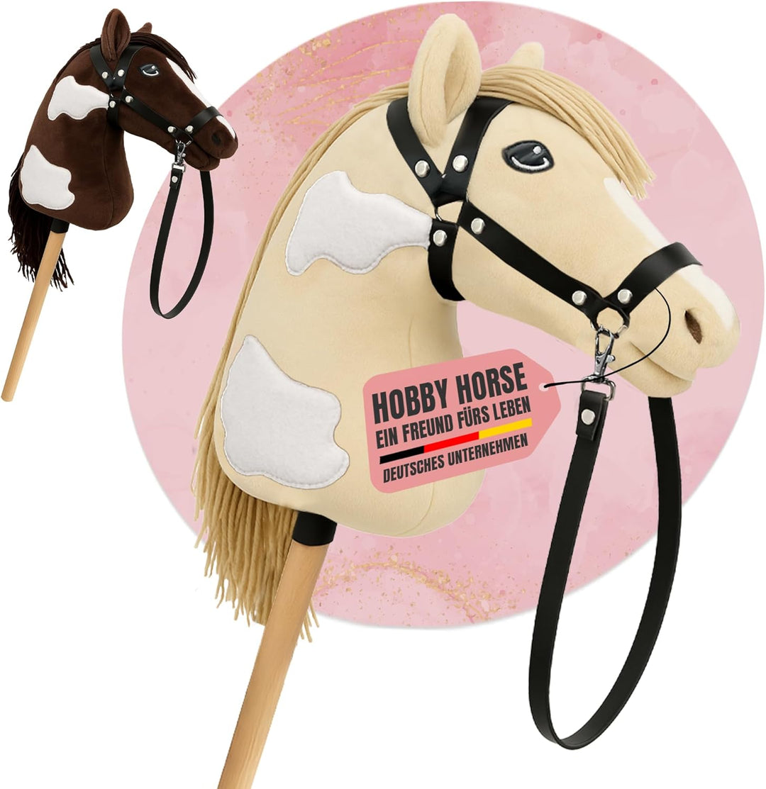 NATURTRIEB Steckenpferd mit Trense | Grosses Hobby Horse für Kinder | A3 | Schecke | mit Halfter & Z