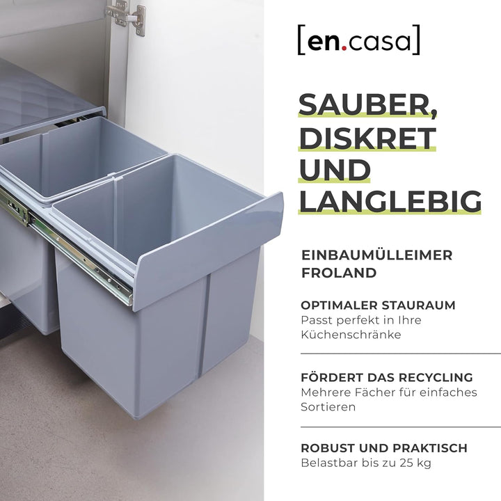 [en.casa] Einbau-Mülleimer Froland Abfallsortierer Ausziehbarer Müllsammler 2 Herausnehmbare Fächer