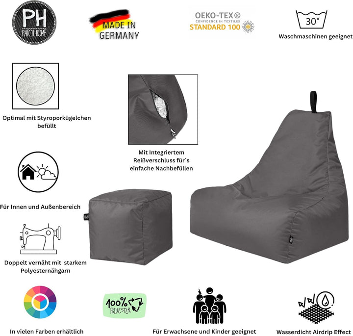 PATCH HOME Patchhome Sitzsack Lounge Sessel + Würfel/Hocker mit Reissverschluss Gamer Sitzkissen fer